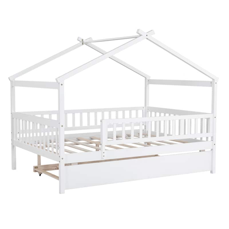 Wooden Twin/Full House Bed with Trundle and Headboard, Sky Roof Design, Durable Pine Wood