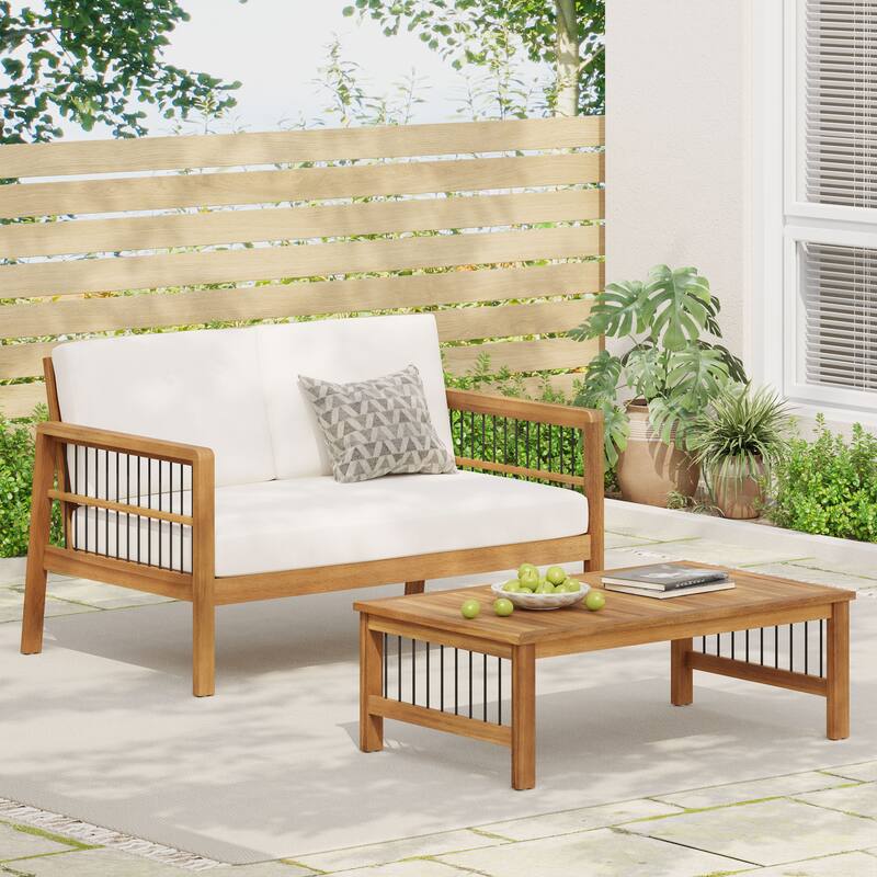 Elias Acacia Wood and Iron Outdoor Loveseat and Coffee Table Set with Cushions by Christopher Knight Home - Teak + Black + Beige