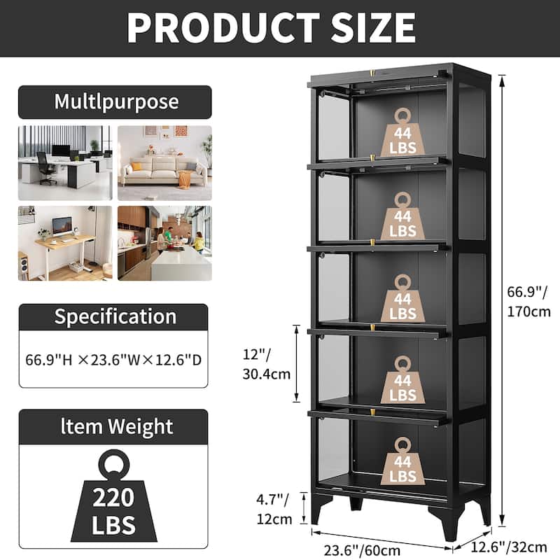 4/5-Tier Curio Display Cabinet with Glass Flip Doors & LED Light Strip