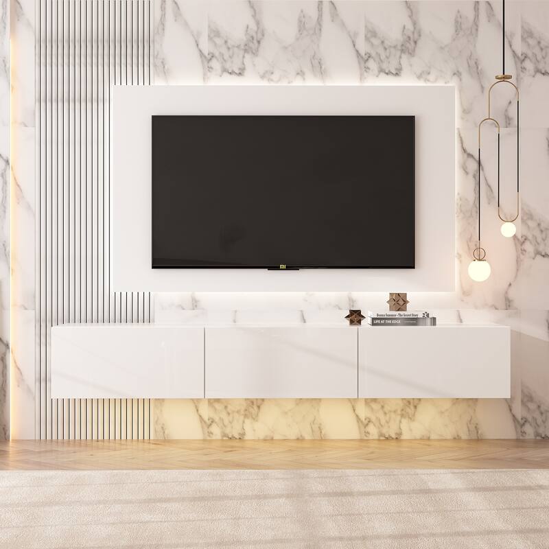 63" Floating Entertainment Center, Wall Mount LED TV Stand High Gloss