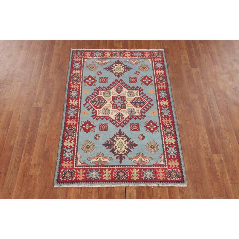 Geometric Blue Kazak Oriental Accent Rug Handmade Wool Carpet - 3'6" x 5'0"