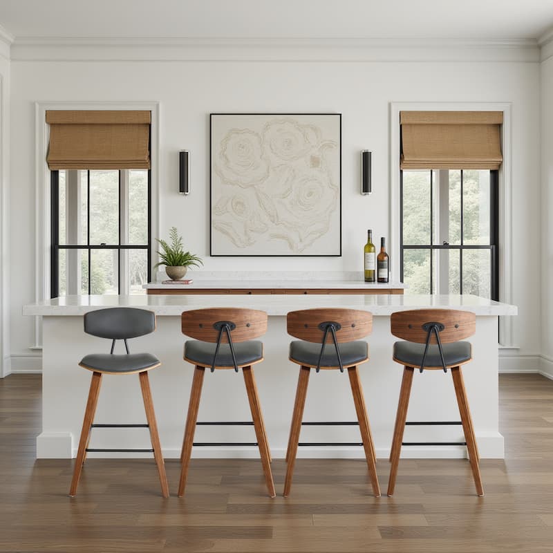 Fox Mid-Century Bar Stool, Upholstered Counter Height Chair with Bentwood Legs - Set of 4 - Grey & Walnut - Bar Height