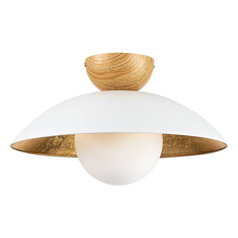 14.5 in. 1-Light Black/White Finish Wood Gold Leaf Dome Semi-Flush Mount Light with Opal Glass Globe