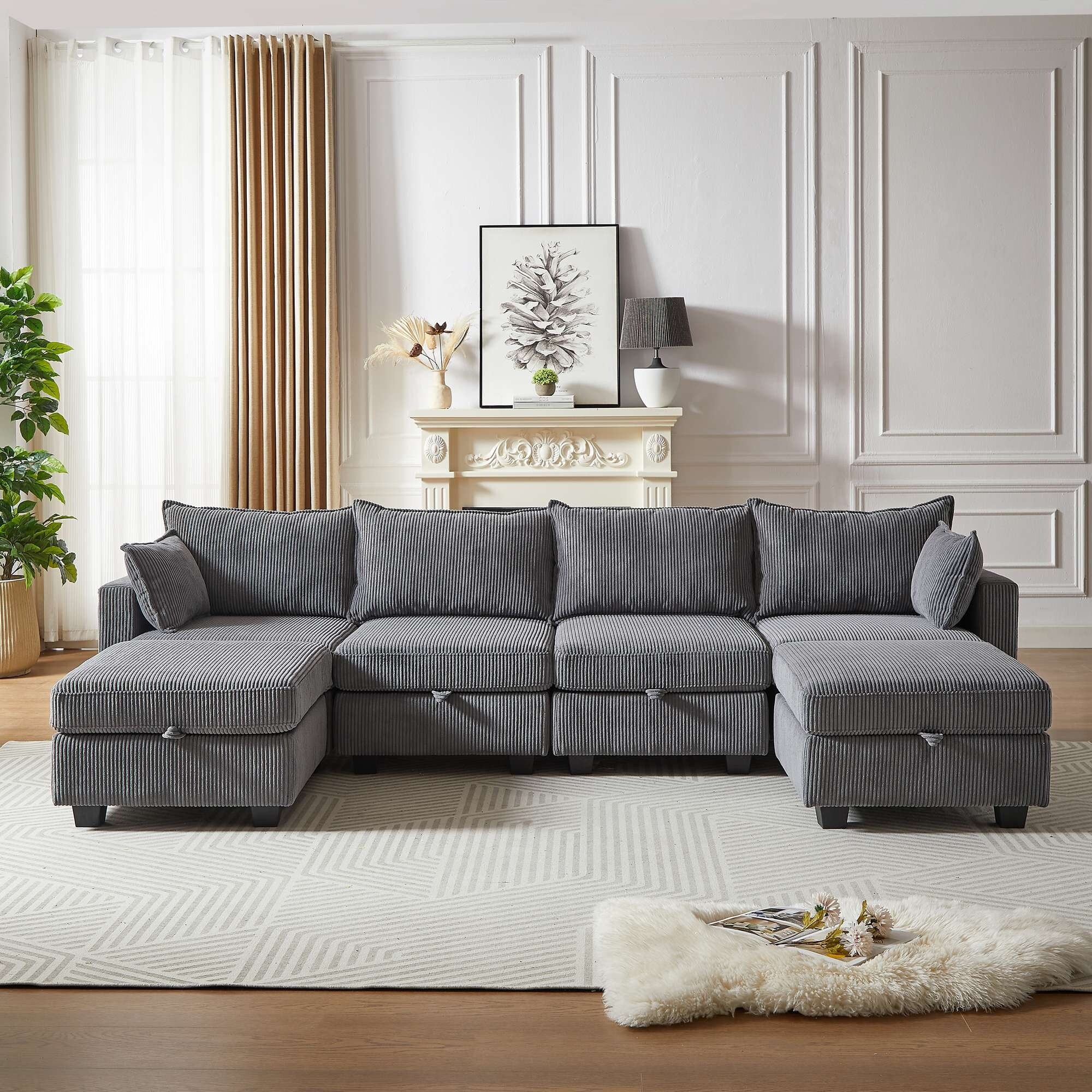 113.5'' Modular U-Shaped Corduroy Sectional Sofa with Storage Ottoman
