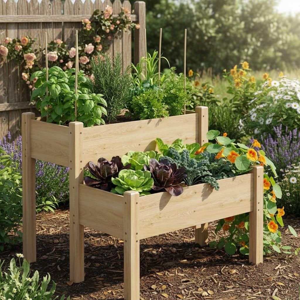 Two-Tier Wooden Raised Garden Bed, with 8 Drainage Holes