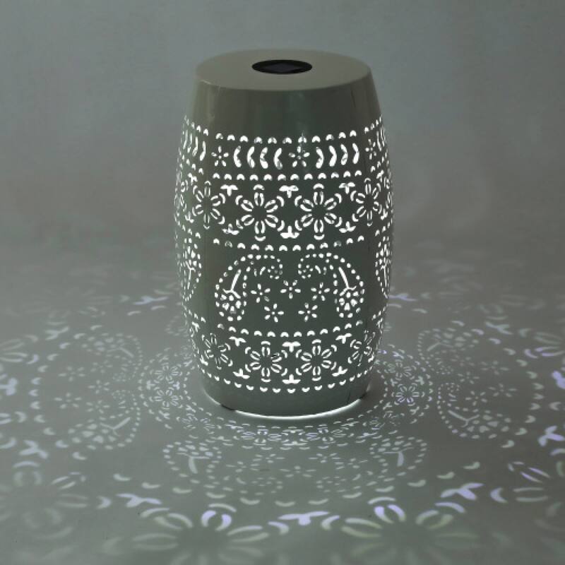 Roomfitters Solar Powered Garden Side Table, Metal Outdoor End Table with Decorative Floral Cutouts and LED Light, White