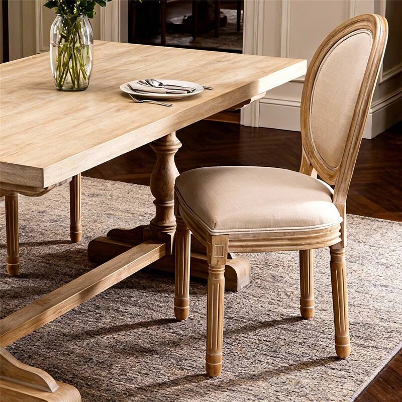 French Style Solid Wood Frame Linen Fabric Oval Back Dining Chair (Set of 2)