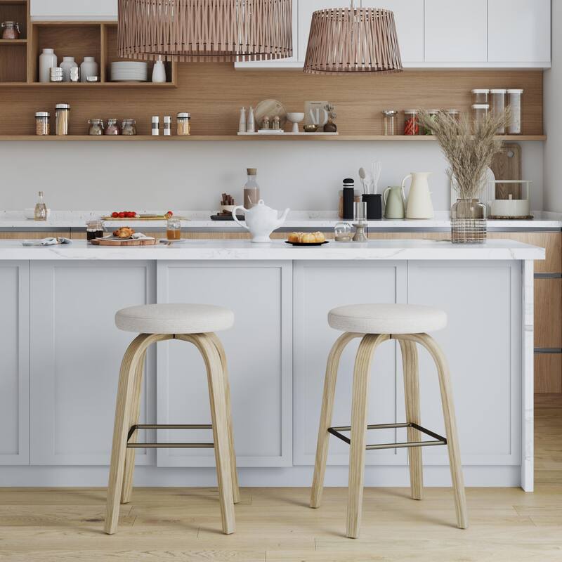 Swivel Bar Stools Set of 2, Bar Height Backless 30″Bar Stool, Fabric Upholstered Seat, Sturdy Wood Legs and Metal Footrest - Beige