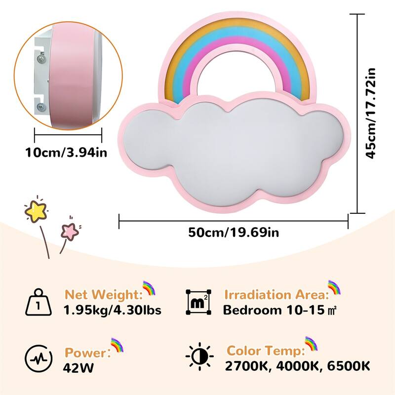 Kids Cloud-Shaped Ceiling Light W/3 Adjustable Colors Energy Saving