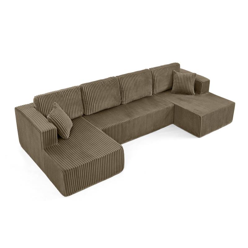 U Shape Modular Sectional Sofa with Dual Chaise Lounges, Corduroy Upholstered Sleeper Sofa, Comfy Compressed Sectional Sofa
