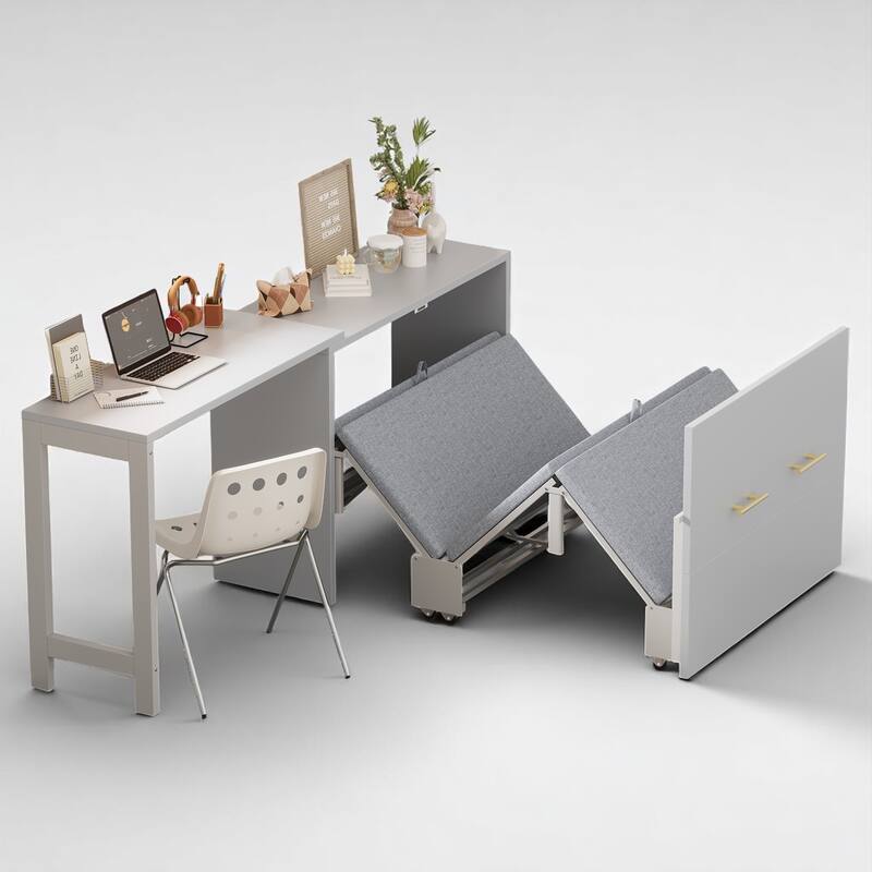 Convertible Twin Murphy Chest Bed with Adjustable L-Shaped Desk and Built-in Cushion for Small Rooms