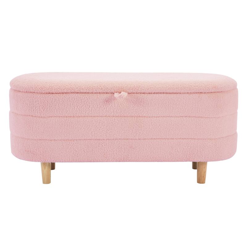 Elegant Upholstered Sherpa Fabric Storage Ottoman with Wood Legs, Storage Bench for Bedroom, Living Room, White