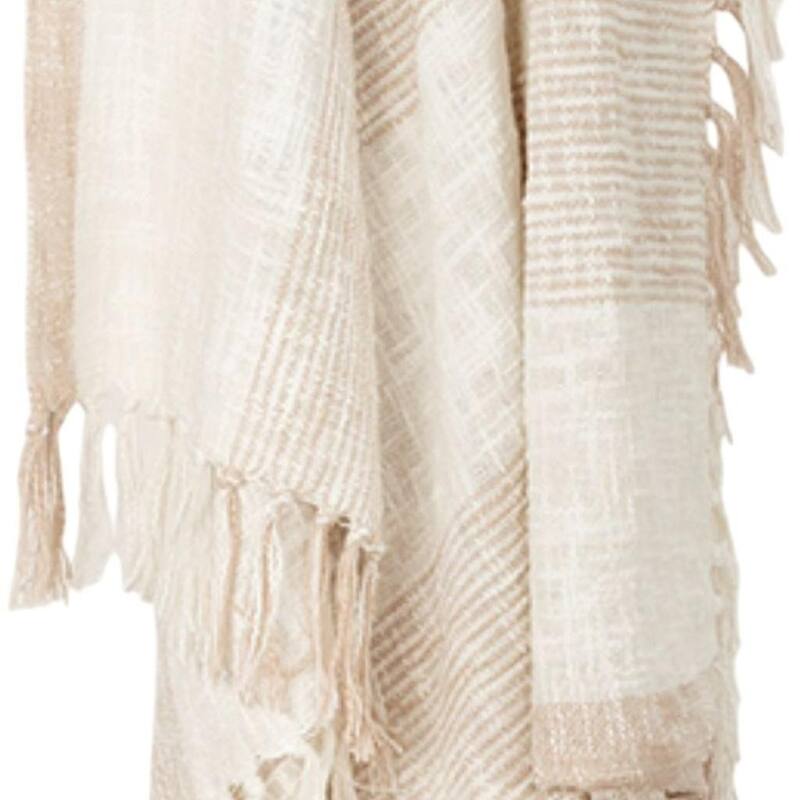 HomeRoots 50" X 60" Ivory Cotton Woven Striped Throw Blanket with Fringe