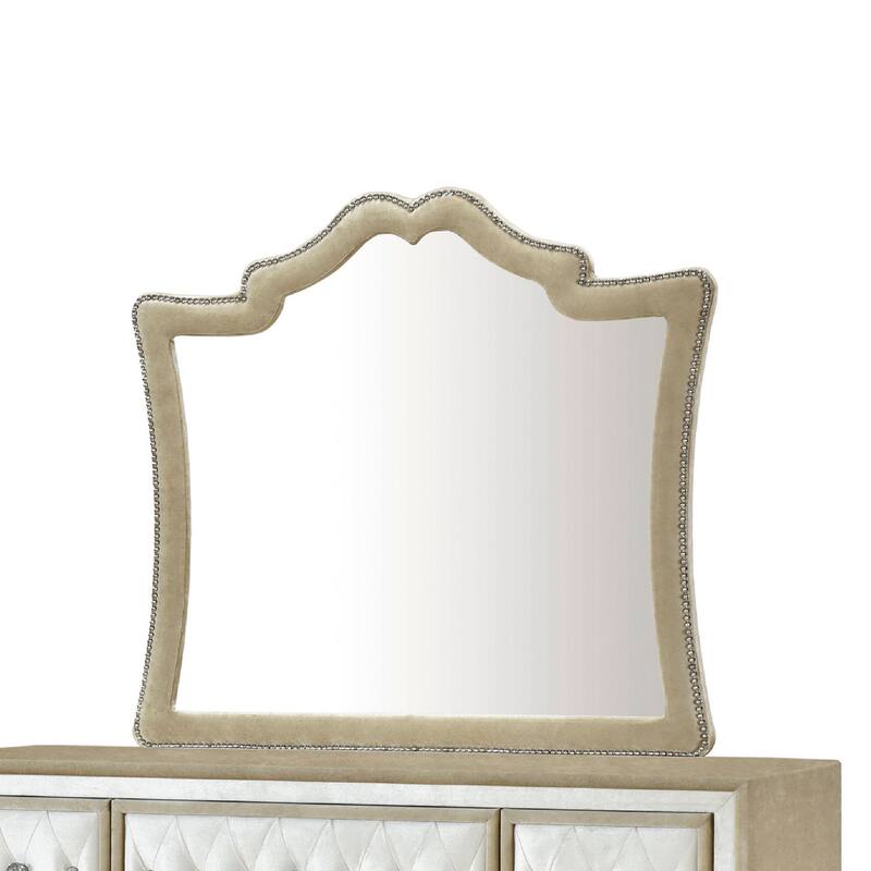 Lino Wide Dresser with Rivet Trim Mirror, Ivory Button Tufted Velvet