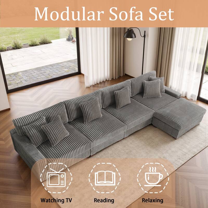Modular Cotton Flannel Plush Sectional Sofa with Ottomans