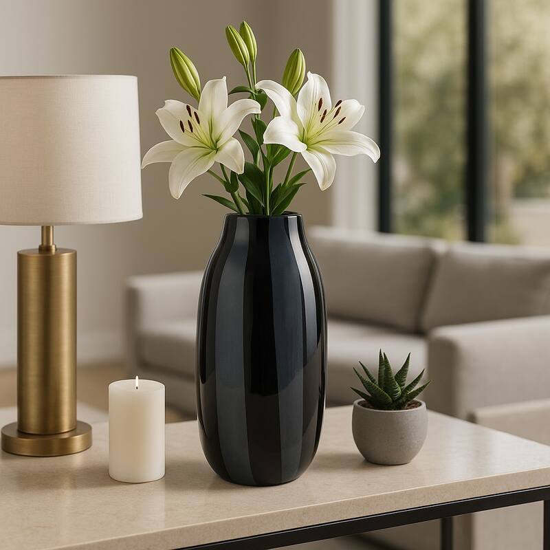 Glass Modern Striped Decorative Vase - Black