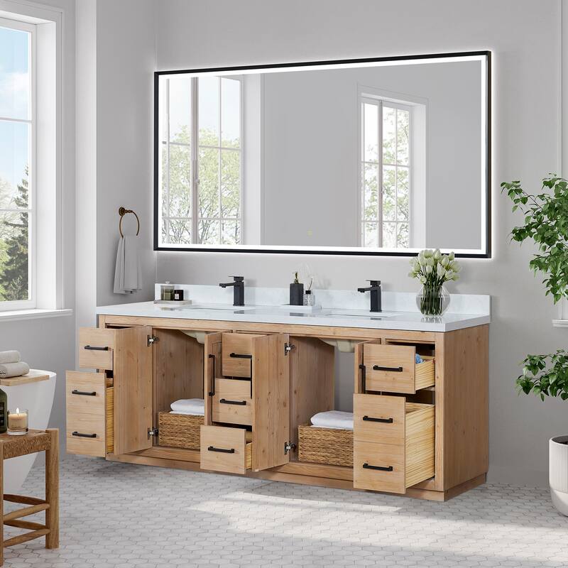 Anais Single Bathroom Vanity in Light Brown with Grain White Engineered Stone Countertop with Mirror