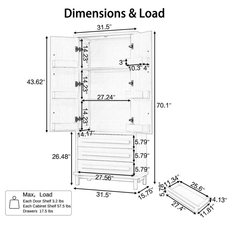 70" Wooden Kitchen Pantry Cupboard with 6 Door Shelves and 3 Drawers
