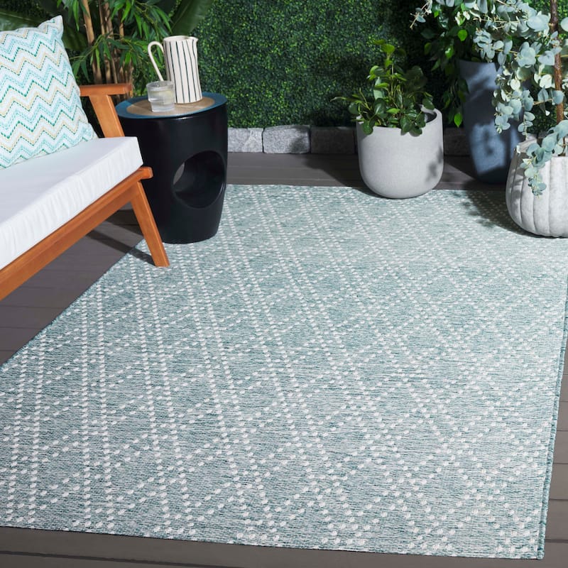 SAFAVIEH Sunset Jenja Indoor/Outdoor Washable Backyard Patio Rug - 6'7" Square - Aqua/Beige