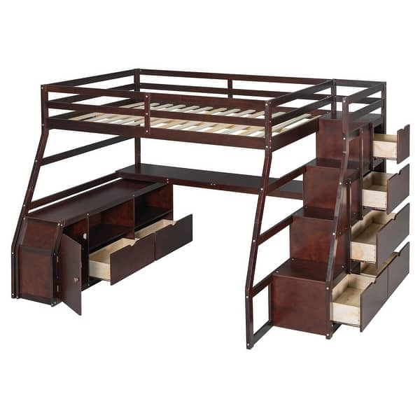 slide 2 of 16, Full Size Loft Bed with Storage Stairs & Desk, Wooden Loft Bed Frame w/7 Drawers & 2 Shelves for Kids Boys Girls Teens, Espresso Espresso - Full
