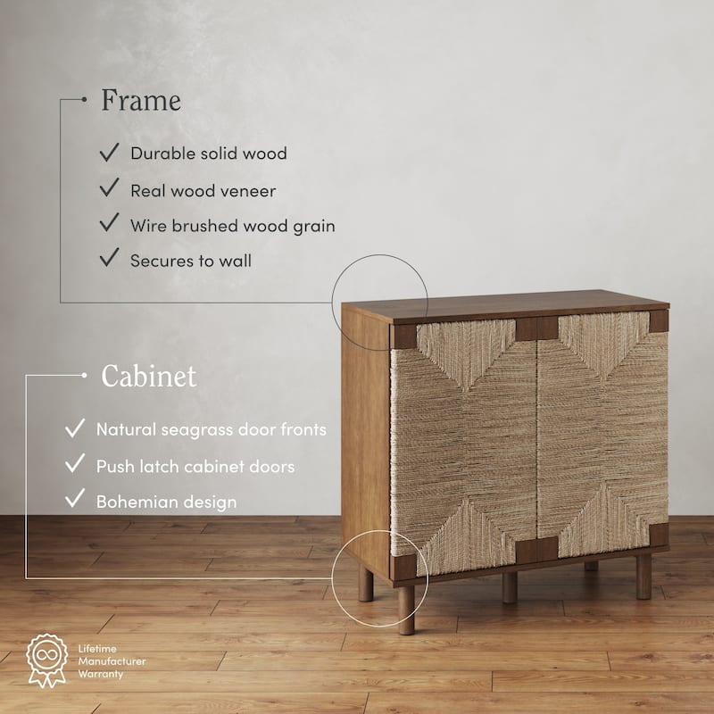 Nathan James Beacon Wood Accent Cabinet with Seagrass Doors and Adjustable Shelf