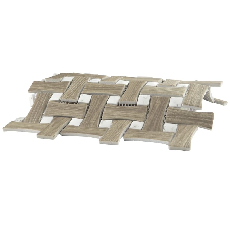 Merola Tile Llama Dog Bone Basketweave Noce/Calacatta Dot 10" x 10" Porcelain Floor and Wall Tile