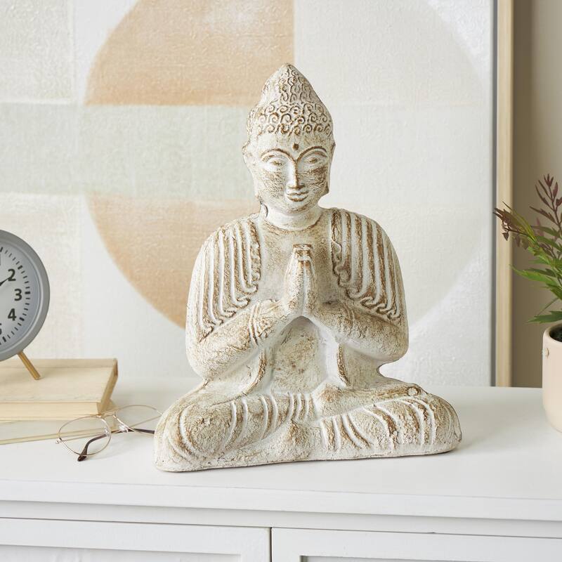 Cream Paper Mache Handmade Carved Buddha Decorative Sculpture with Brown Distressing - Cream