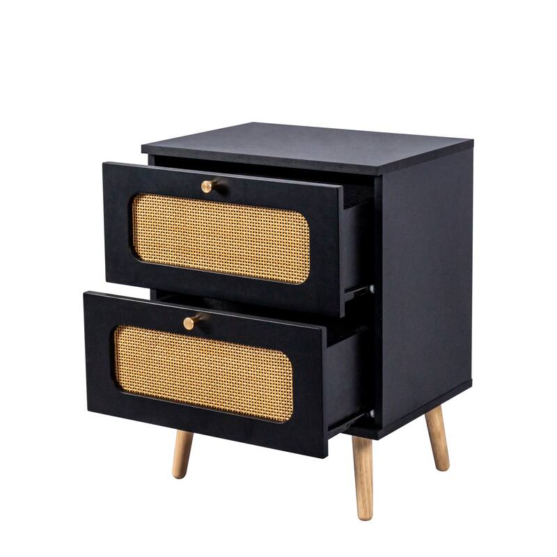 Wooden Nightstand with Rattan-Woven Storage Cabinet and 2 Drawer, Exquisite Elegance with Natural Storage Solutions for Bedroom
