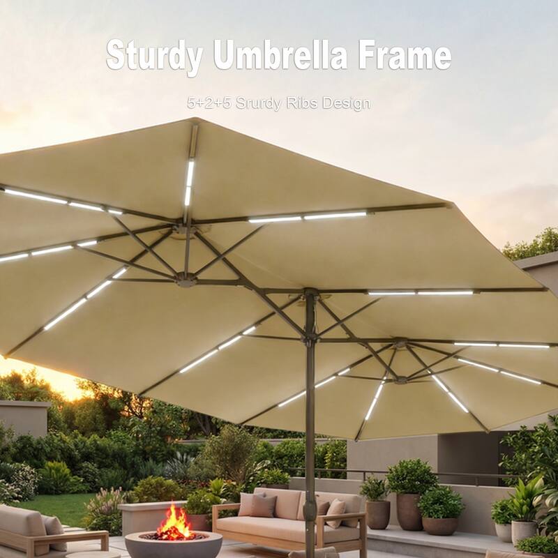 15FT Solar LED Double-Sided Patio Umbrella with Base, 12 Light Strips, 2000mAh