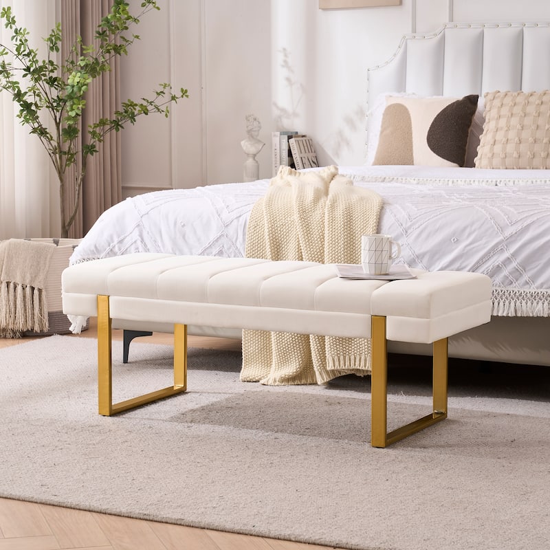 Upholstered Bedroom Bench Tufted Entryway Bench Modern End of Bed Bench Dining Bench with Gold/Black Metal Legs for Window