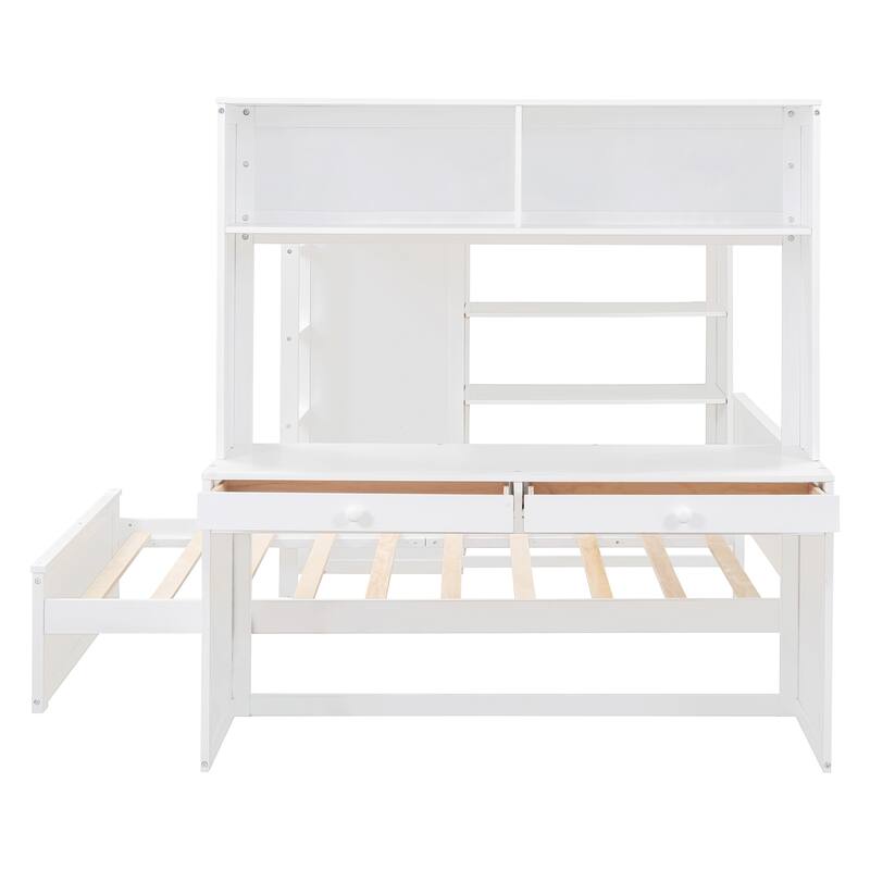 Multifunctional Full Size Loft Bed w/ Twin Size Platform Bed, Shelves, Wardrobe, Desk, Drawers, Ladder, Guardrail and Bookshelf