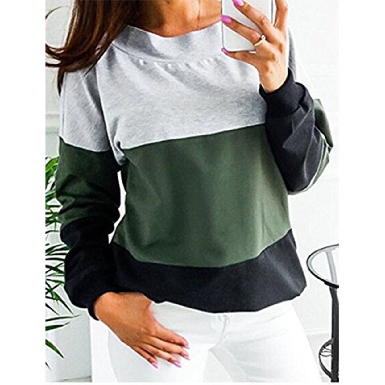 Shop Womens Casual Loose Open Back Lace Up Color Block Sweatshirt