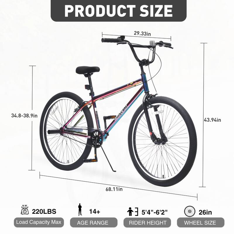 26 Inch Freestyle Bike for Teens, Single-Speed Bicycle with 2 Pegs, Front Caliper Brake, Bicycle for Boys and Girls Ages 14+