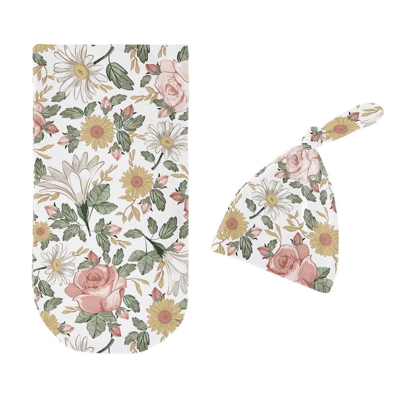 Vintage Floral Boho Collection Girl Baby Cocoon and Beanie Hat Sleep Sack - 2pc Set - Pink Green Shabby Chic Flower Farmhouse