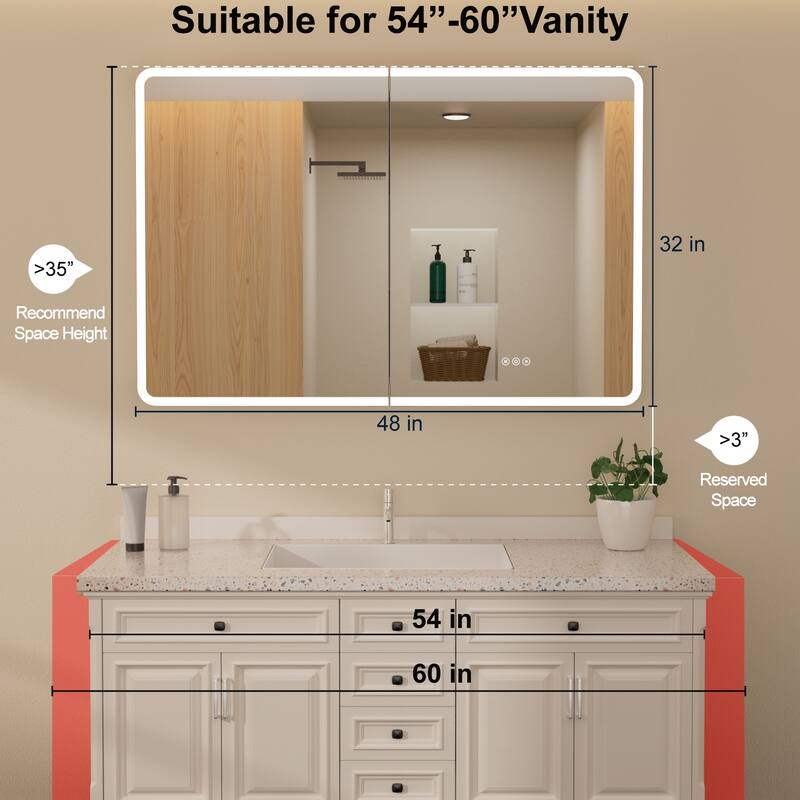 Rounded Edge LED Medicine Cabinet with Mirror, Dimmable, Anti-fog, Adjustable Shelves, Recessed or Wall Mount, ETL Certified