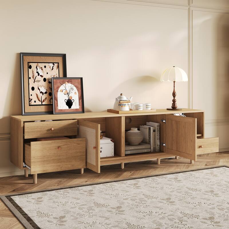 Bohemian-Style TV Stand for 65/75/85-inch TVs with Real Rattan, Open Storage & Drawers, for Living Rooms