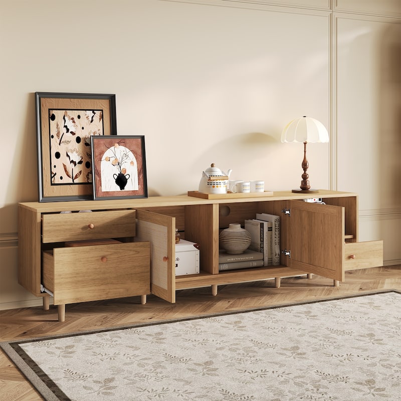 Boho TV Stand for 65-85" TVs, Entertainment Center with Rattan Details, Open Storage & Drawers, Modern Media Console
