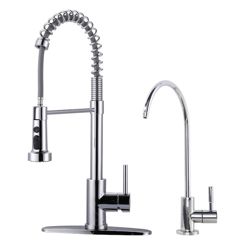 WOWOW Three Function Pull Down Kitchen Faucet with Drinking Water Faucet - Polished Chrome