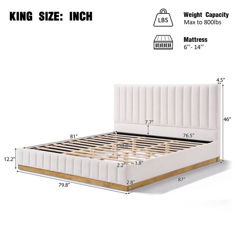 Upholstered Bed Frame Linen Fabric Platform Bed with 46''H Thick Headboard/Solid Wood Base/No Box Spring Needed/Noise Free/Beige