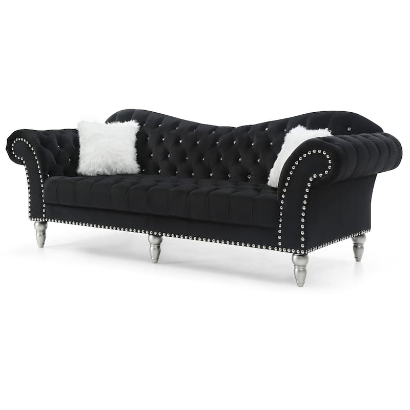 Tufted Velvet 2-Seater Sofa with Throw Pillows - 98" - Black