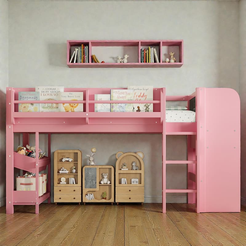 Low Loft Bed with Desk, Storage Bookcases, Drawers & Boxes, Solid Wood Kids Loft Bed with Blackboard Shelf