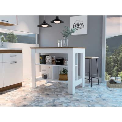 White Two-Tone Kitchen Island with Large Tabletop, Open Storage Shelves, and Comfortable Legroom Workstation