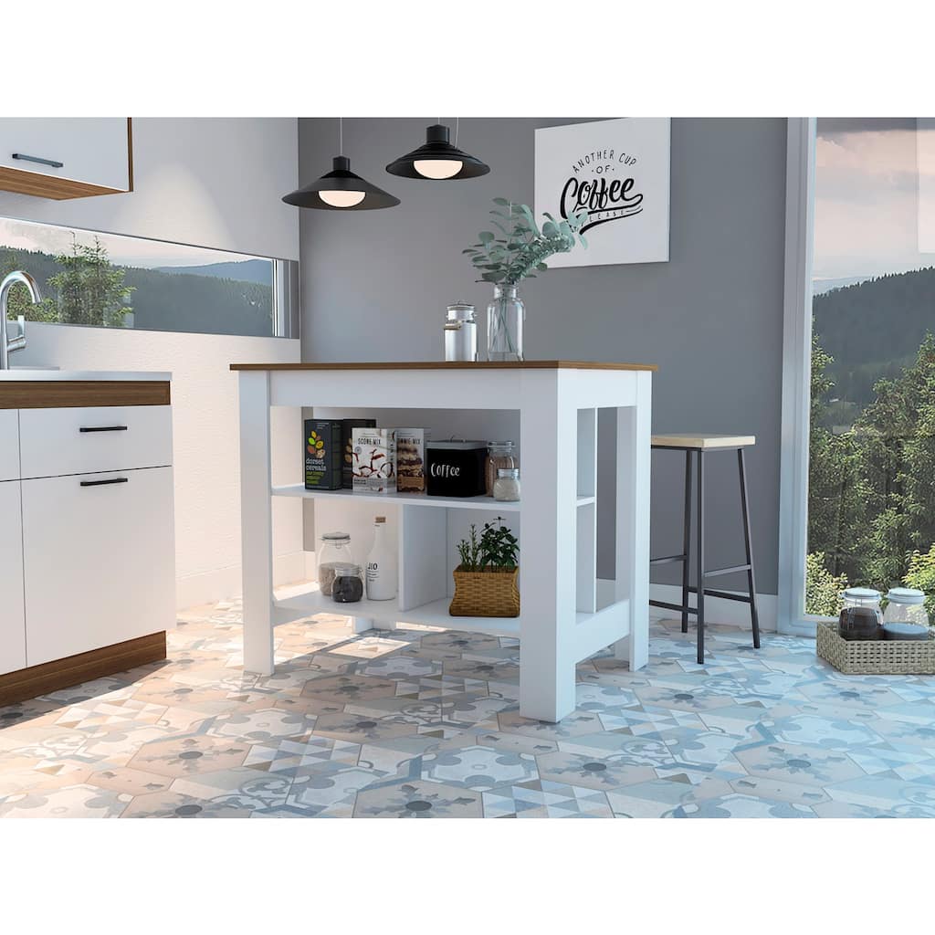 White Two-Tone Kitchen Island with Large Tabletop, Open Storage Shelves, and Comfortable Legroom Workstation