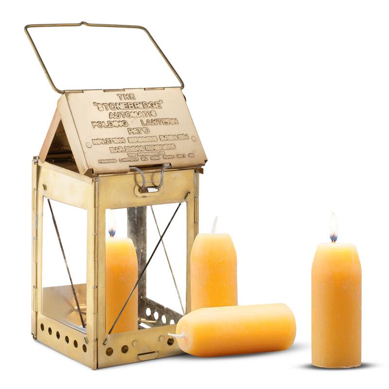Kings County Tools Folding Brass Camping Candle Lantern with 3-Pack of Beeswax Emergency Candles - Brass