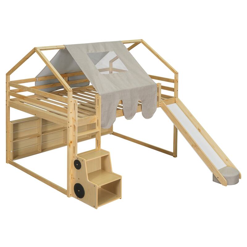 House-Shaped Wooden Loft Bed with Tent, Slide, and Storage - Twin/Full Size