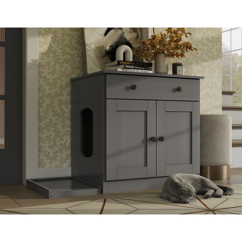 Palace Imports 100% Solid Wood Ziva 2-Door Cat Litter Box Enclosure with 2-Drawers and Litter Catch - Gray