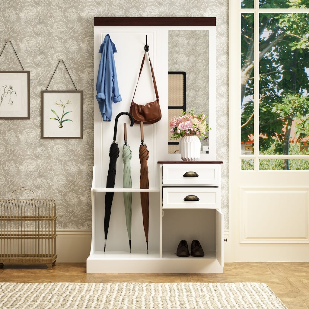 35.4"x69.9" White Hall Tree Entryway Table Ample Storage Space Mirror