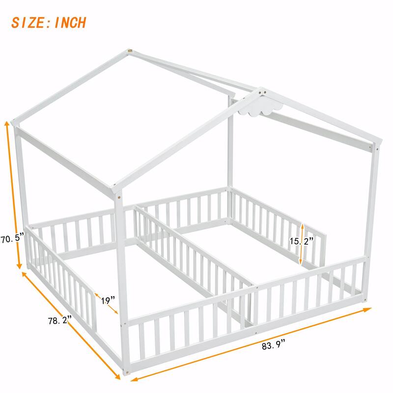 Double Twin House-Style Floor Bed with Fence and Guardrails, No Door