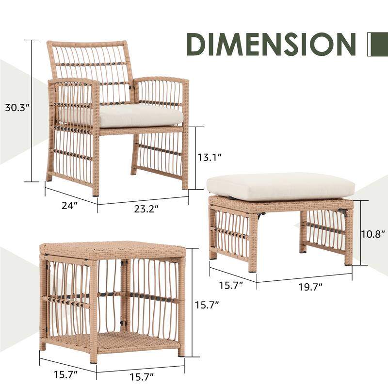 5-Piece Outdoor PE Wicker Conversation Set with Ottomans, Iron Frame, Beige Polyester Cushions