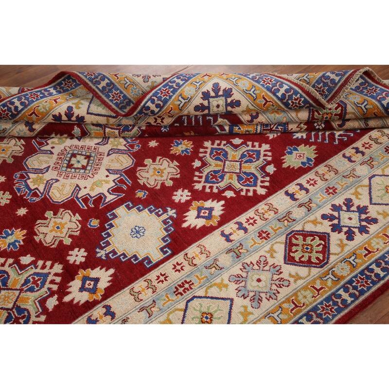 Hand Knotted Oriental 100% Wool Carpet Traditional Geometric Red Kazak Area Rug - 9' 11'' X 6' 5''